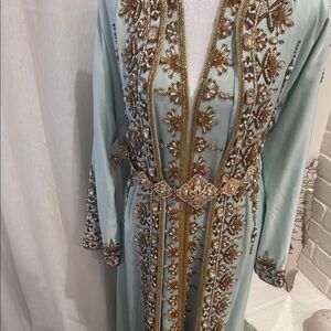 Embellished Light Blue Beaded Maxi Kaftan